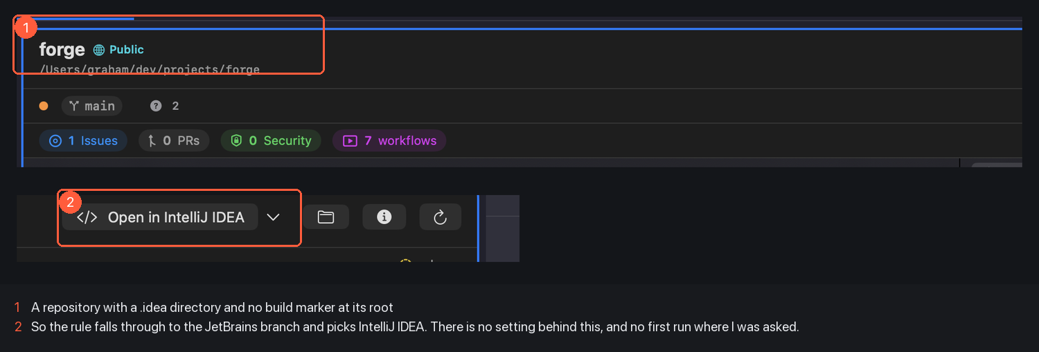 The forge repository&rsquo;s tab header, and the Open button showing the inferred IDE